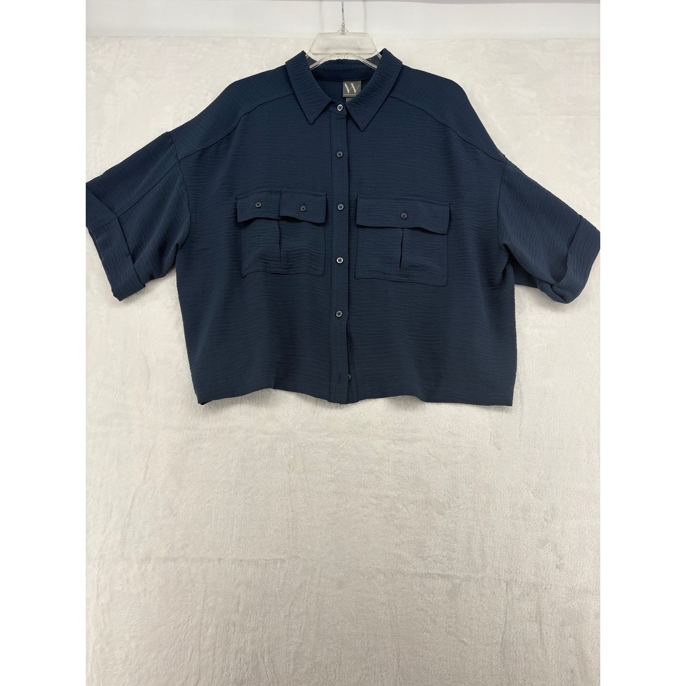 Worthington Button Front Womens PXL Shirt Navy Blue Cropped Short Sleeve Pockets
